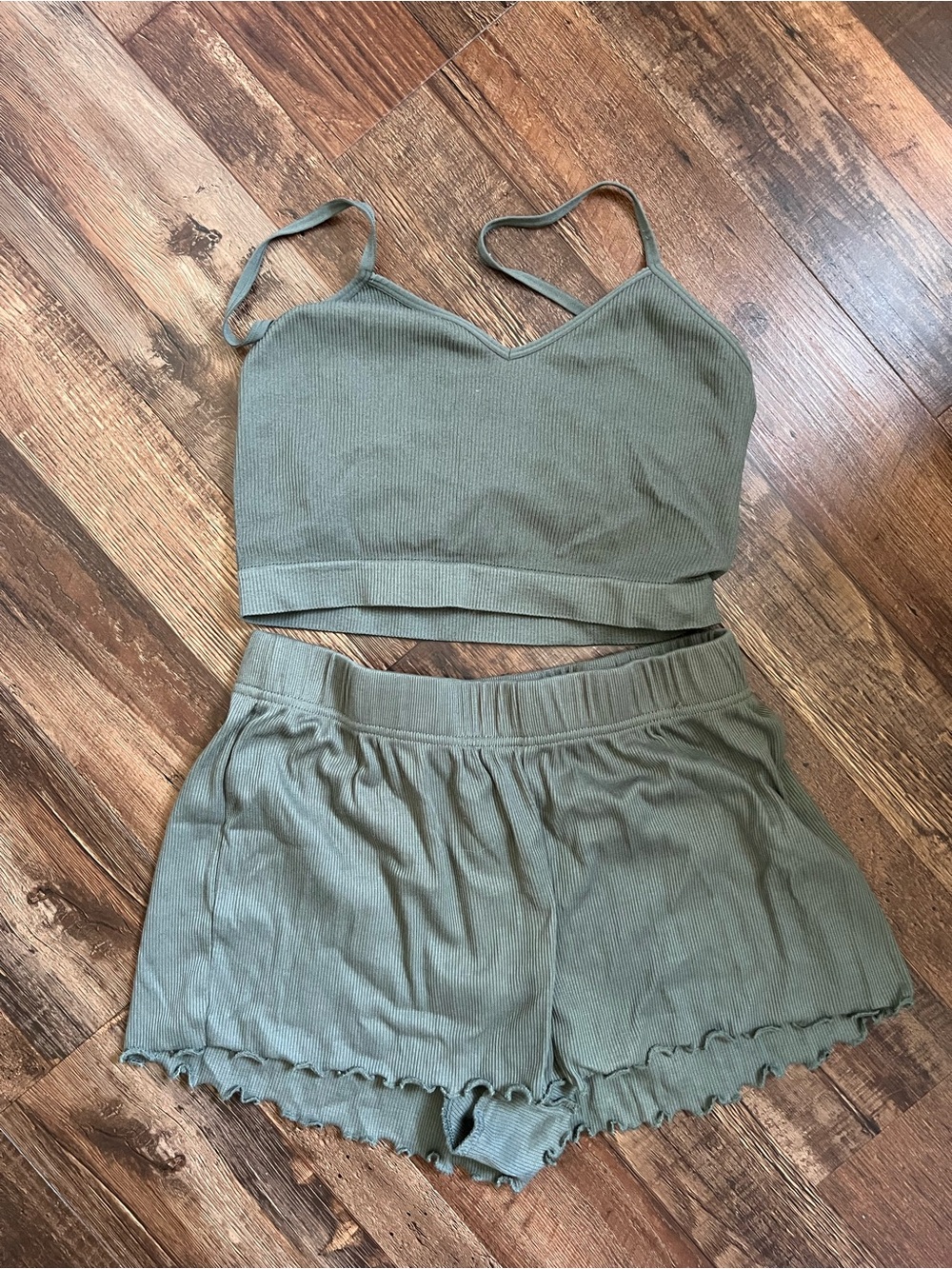 Primark Women's Ribbed Sleep Set - Olive Green